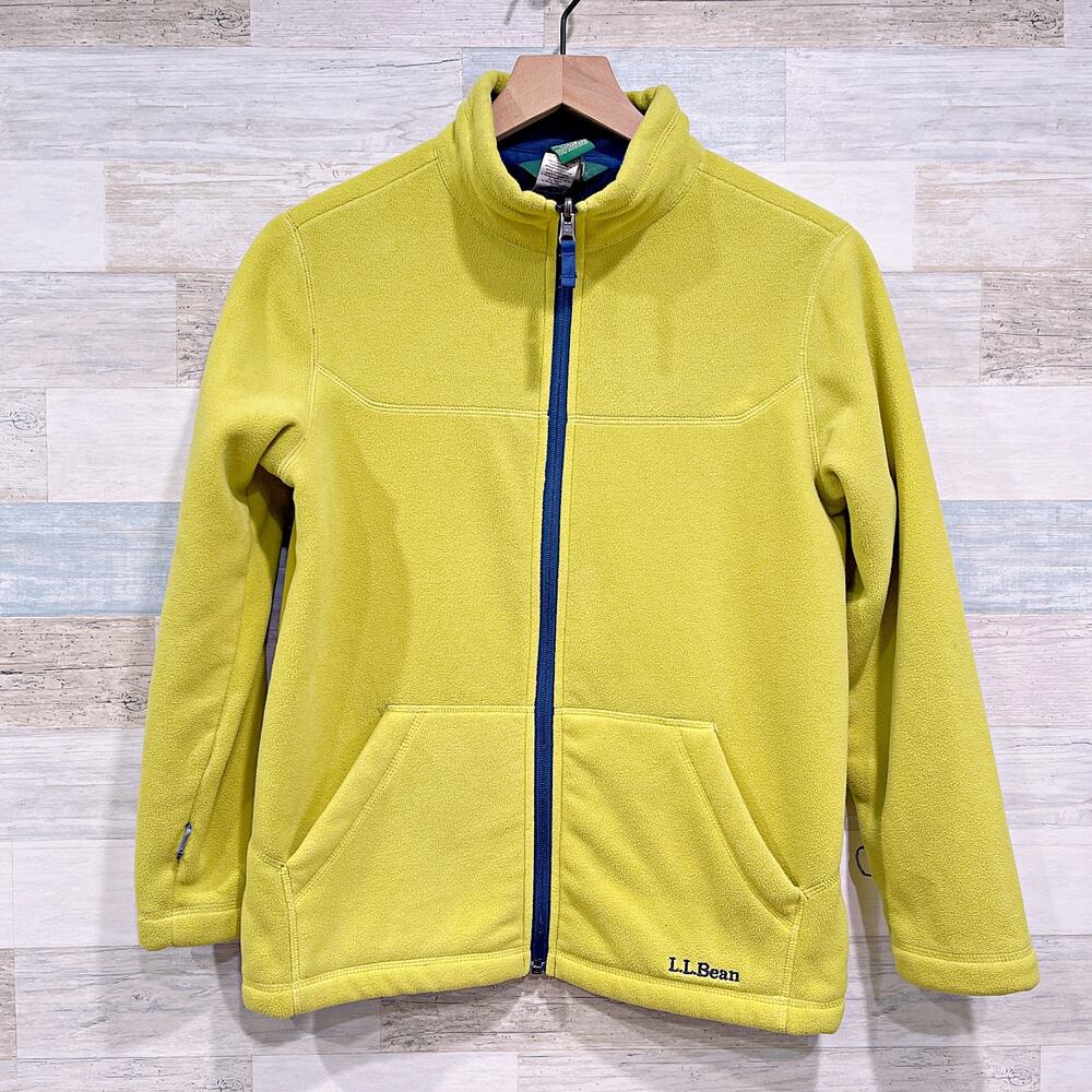 LL Bean Fleece Full Zip Jacket Yellow Mock Neck Pockets Hiking Boys Large 14 16